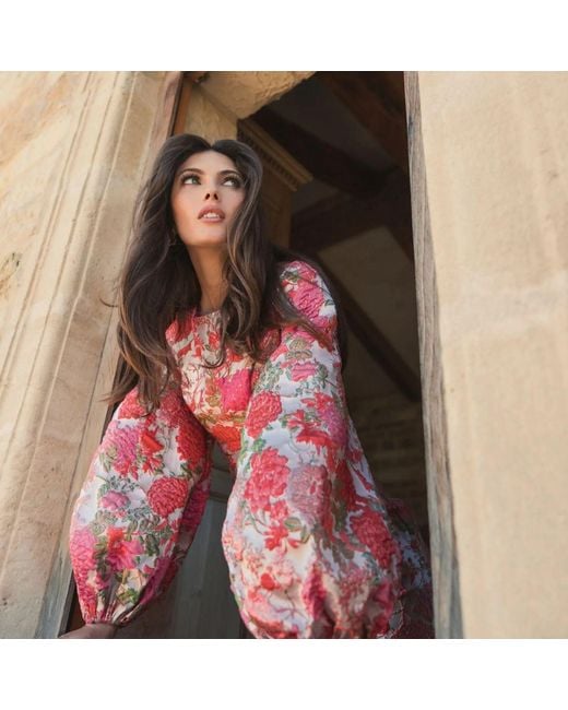Mac Duggal Red Brocade Balloon Sleeve Fitted Mini Dress