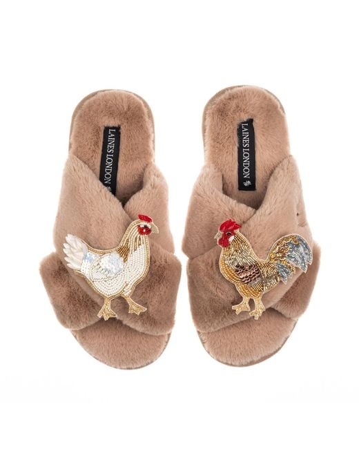Laines London Brown Neutrals Classic Laines Slippers With Chicken & Rooster Brooches