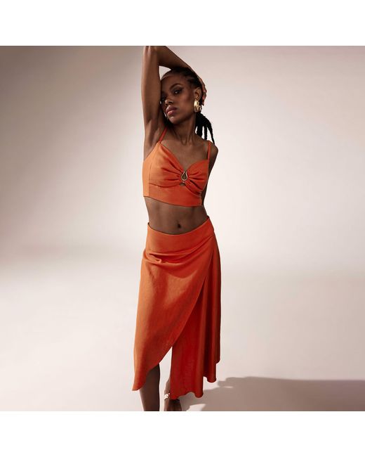 ALINA CERNĂTESCU Orange Flare Bamboo Linen Cutout Statement Top & Asymmetric Holiday Resort Midi Skirt