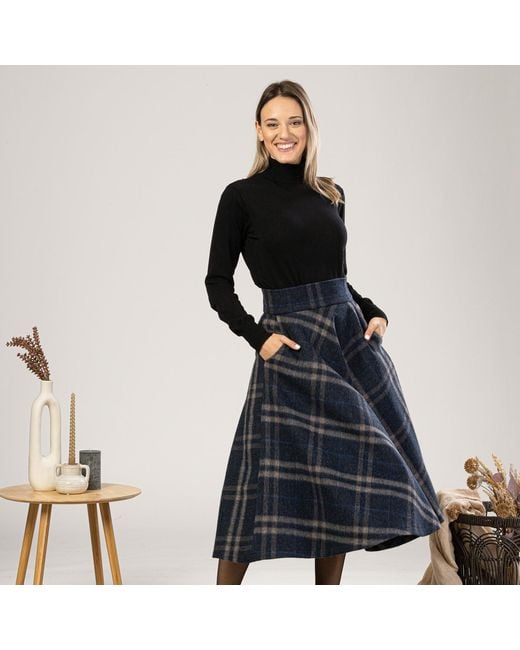Nikka Place Blue Wool Midi Tartan Skirt With High Waist & Pockets
