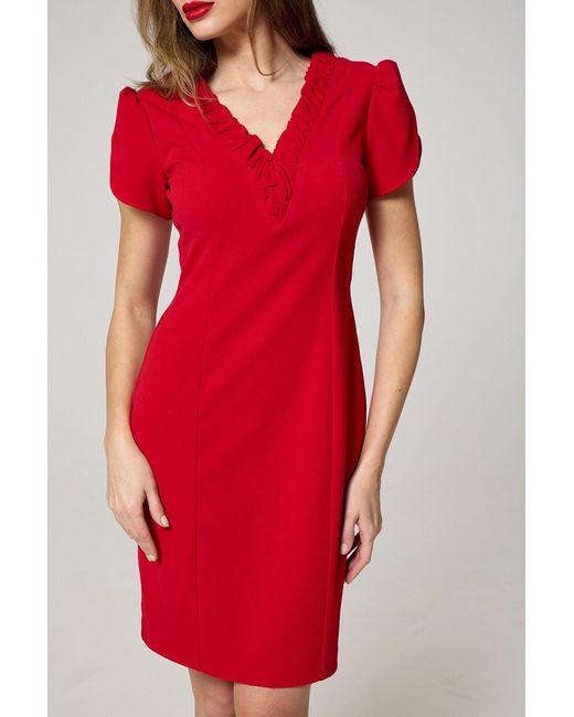 K-Win London Red Elegant Ruffle V-Neck Dress