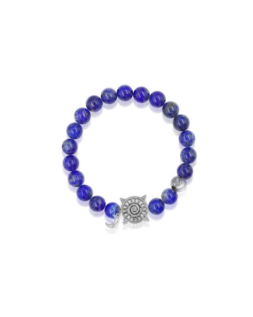 Aurozia Blue Three Charms Solar Meridian Whitegold Plated Sundial And The Sun Coin Lapis Lazuli Beaded Bracelet