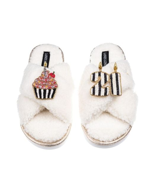 Laines London White Neutrals Laines Neutral Boucle Slippers With Stripe 21St Birthday & Cake Brooches