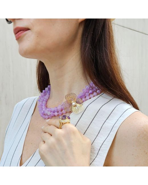 Farra Purple Multi-Layers Jade With Flower Charm Necklace