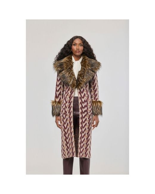 The Extreme Collection Brown Long Knit Coat With Faux Fur Flavia
