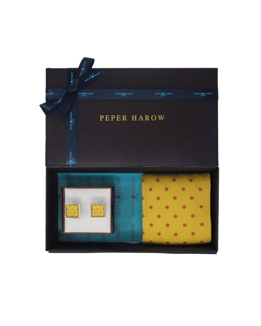 Peper Harow - Made in England Blue Honey Pin Polka Socks & Cufflink Gift Box for men