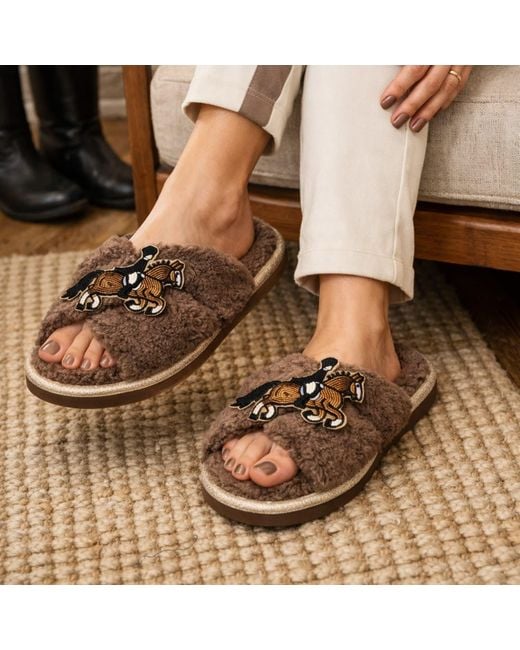 Laines London Brown Neutrals Neutral Boucle Slippers With Dressage Horse Brooches