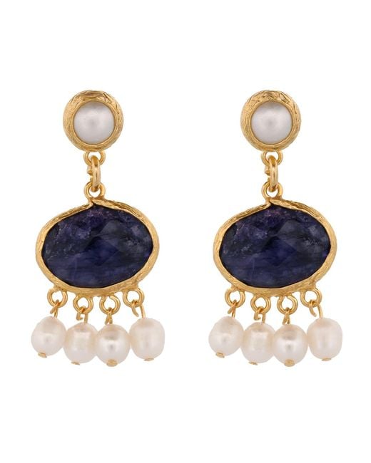 Ebru Jewelry Blue Cleopatra Pearl & Sapphire Stone Tassel Earrings