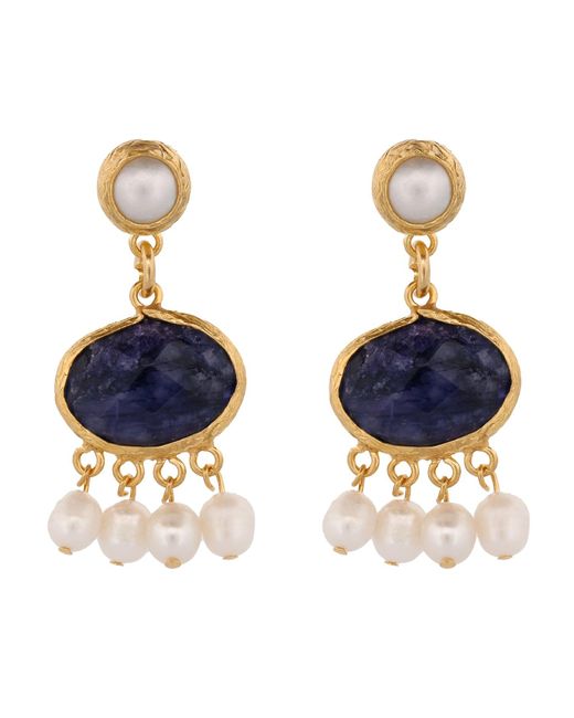 Ebru Jewelry Blue Cleopatra Pearl & Sapphire Stone Tassel Earrings