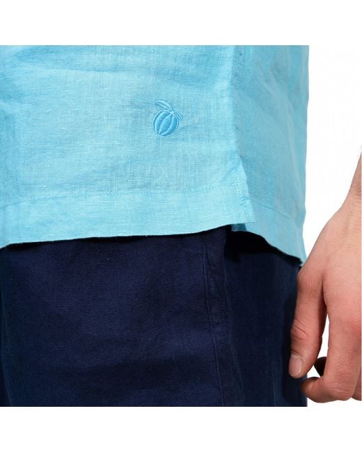 Maison Tangerine Blue Aqua Linen Short Sleeve Shirt For for men