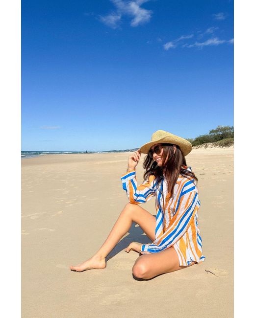 Hut Noosa Blue Zanzibar Stripe Oversized Boyfriend Linen Shirt
