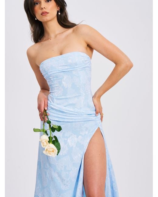 Miss Circle New York Blue Xatia Baby Jacquard Textured High Slit Maxi Dress