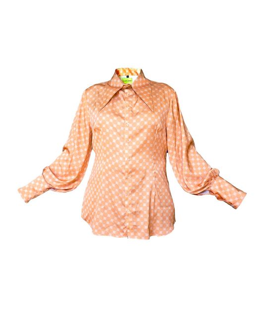 Janara Jones Pink Rose Apricot Satin Long Sleeve Large Collar Blouse
