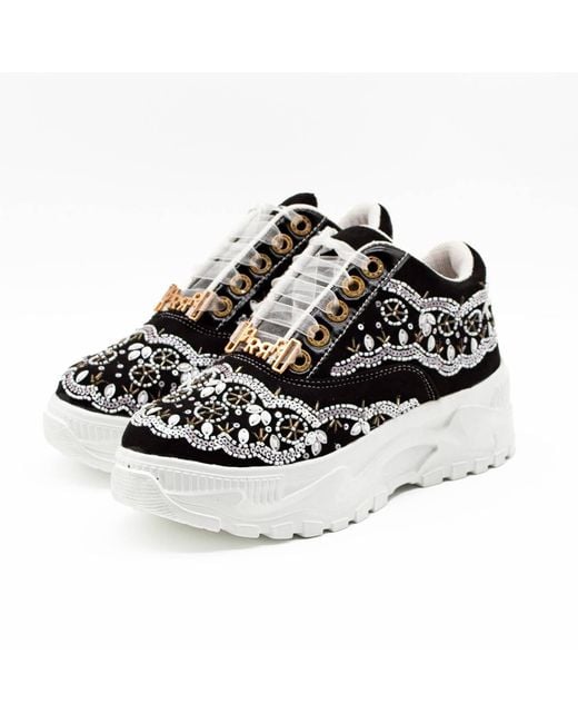 Rettrose Black Ava Luxury Suede Handmade Embellished Trainers