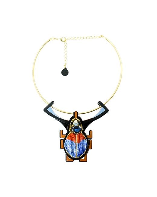 Gissa Bicalho Blue Handmade Acrylic Necklace Scarab Embroidered Topaz