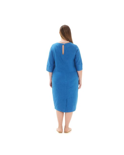 Haris Cotton Blue Keyhole Neckline Midi Linen Dress With Three Quarter Sleeve