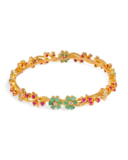 Ebru Jewelry Metallic Victorian Floral Emerald & Ruby Gemstone Bangle Bracelet