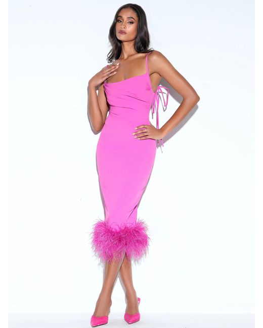 Miss Circle New York Pink Fiona Fuchsia Feather Trim Bottom Maxi Dress