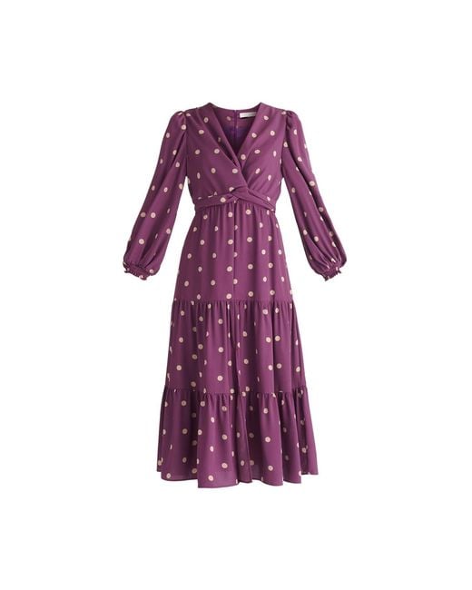 Paisie Purple Tiered Hem Polka Dot Dress