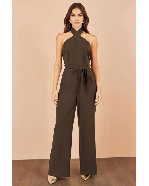 Yumi' Brown Cross Over Halter Neck Jumpsuit