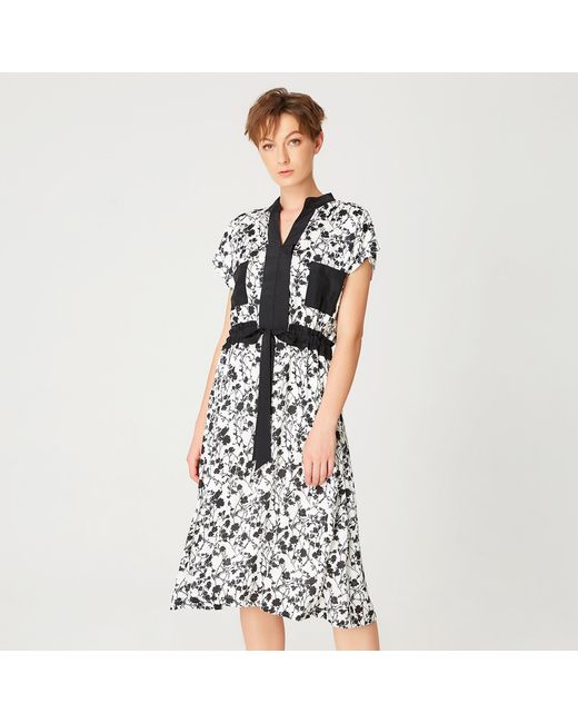 Smart and Joy Black Bi-Material Dress With Monochrome Floral Print And Drawstring Belt