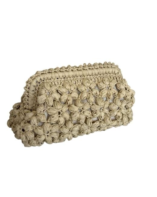 Springmoonatelier Natural Neutrals Handmade Cream Raffia Clutch Bag With Floral Motifs – Elegant Spring And Summer Purse