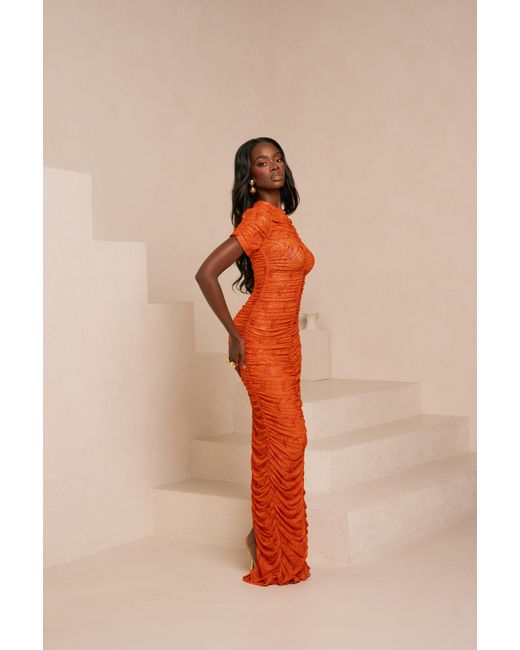 Ofuure Red Iza Ruched Maxi Mesh Dress