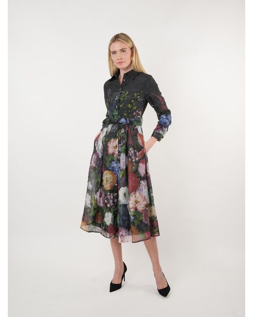 John Abgin Black Taffeta Floral Placement Print Shirt Dress