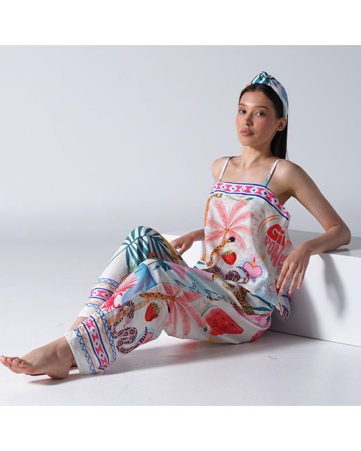 LOVEIST STORE White Tropical Pop Icon Patterned Wide Leg Trousers