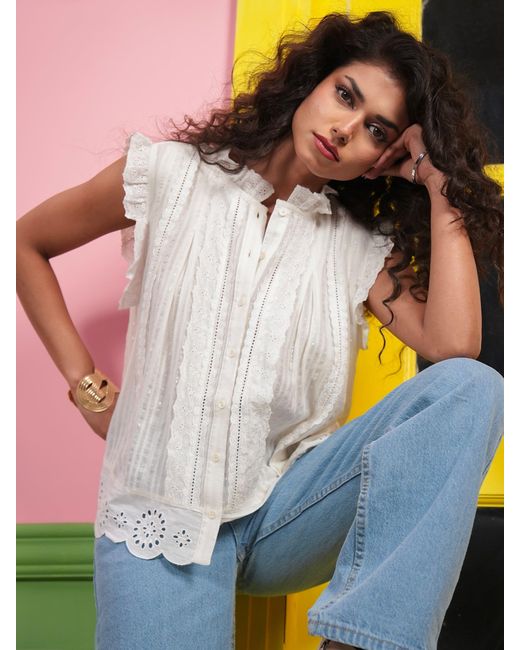 Rose & Nancy White Jean Ivory Cotton Lace Trim Pretty Swing Top