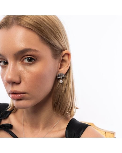 Spero London Metallic Fine Diamond Sterling Pearl Drop Fan Earrings