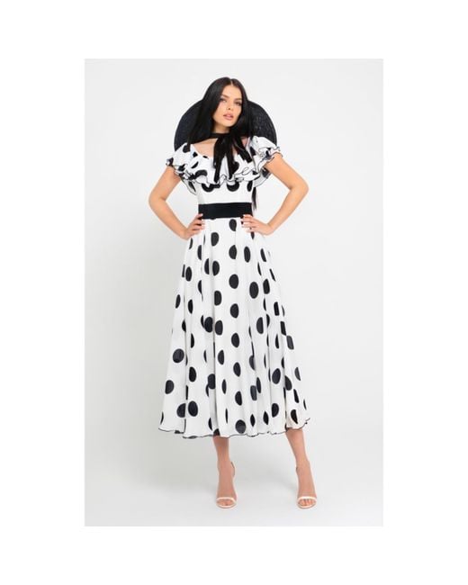 MATSOUR'I White 100% Silk Dress Scarlett Polka-Dots Midi