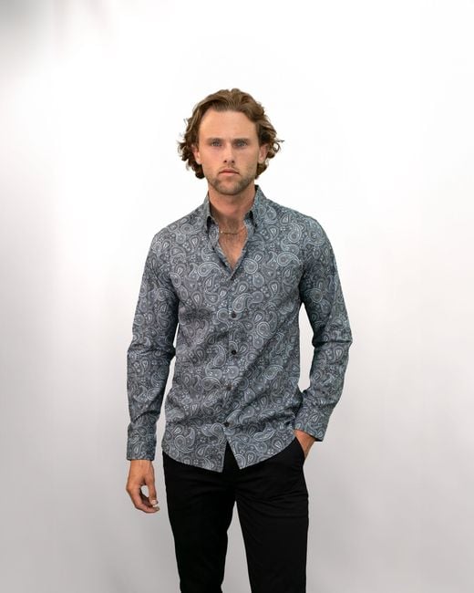 Lords of Harlech Blue Paisley Print Button-Down Shirt for men