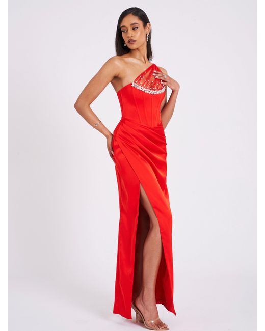 Miss Circle New York Red Lora Scarlet Crystal Embellished Mesh Satin Corset Gown