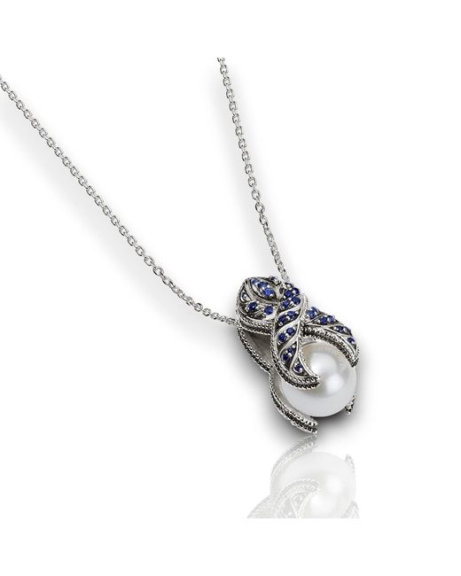 Daneila Léon White Sterling Freshwater Pearl, Sapphires & Diamonds Pendant