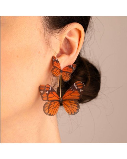 Oana Savu Orange Silk Butterfly Earrings Monarch Wings Lightweight Dangles