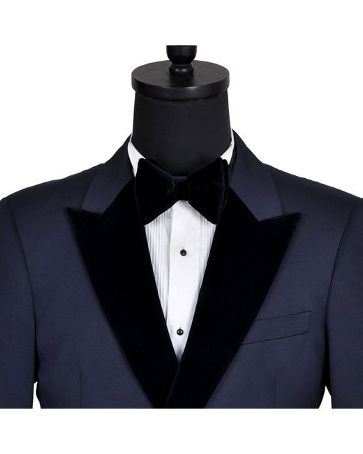 DAVID WEJ Blue Signature Cropped Double Breasted Velvet Peak Lapel Tuxedo for men
