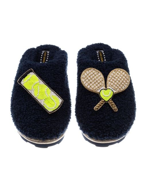 Laines London Blue Teddy Closed Toe Slippers With Tennis Lover Brooches