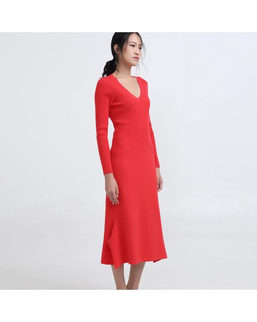 Smart and Joy Red Slim V-Neck Sweater Midi Dress