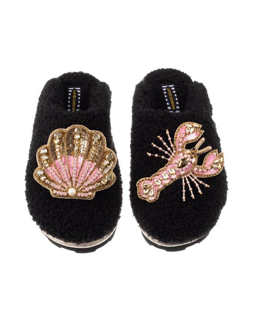 Laines London Teddy Towelling Closed Toe Slippers With Pink Lobster & Pink & Gold Shell in Black 