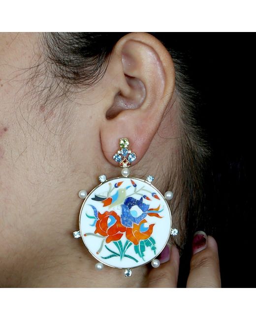 Artisan Blue Floral Inlay Disc Earrings With Multi Gemstones & Pearl