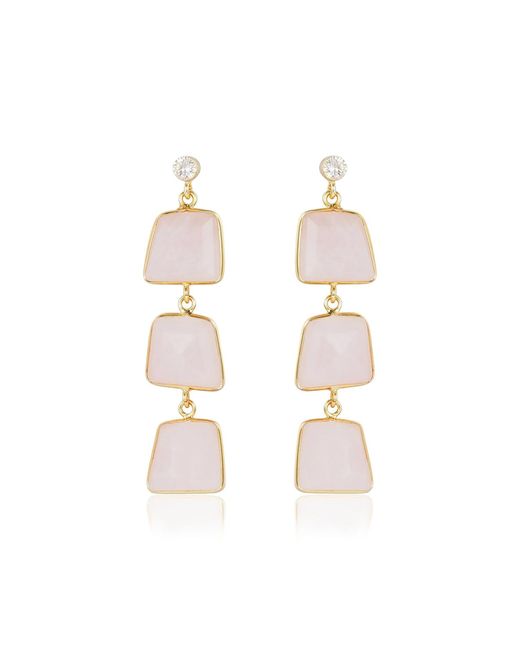 Rare Matters Jewelry Metallic Prism Ladder Rose Quartz Triple Drop Earrings