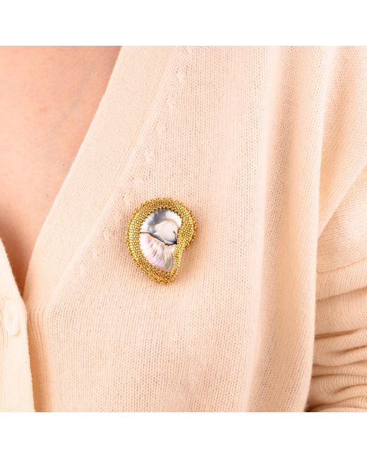 Oana Savu Metallic Hand Beaded Nautilus Shell Goddess Brooch Sterling Pin