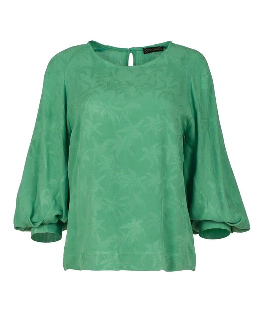 Conquista Green Jacquard Top With Bishop Sleeves