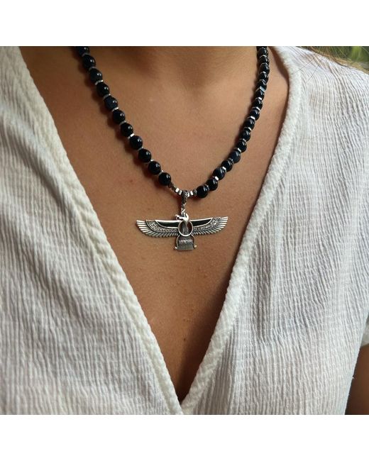 Ebru Jewelry White Tourmaline Faravahar Beaded Necklace-black