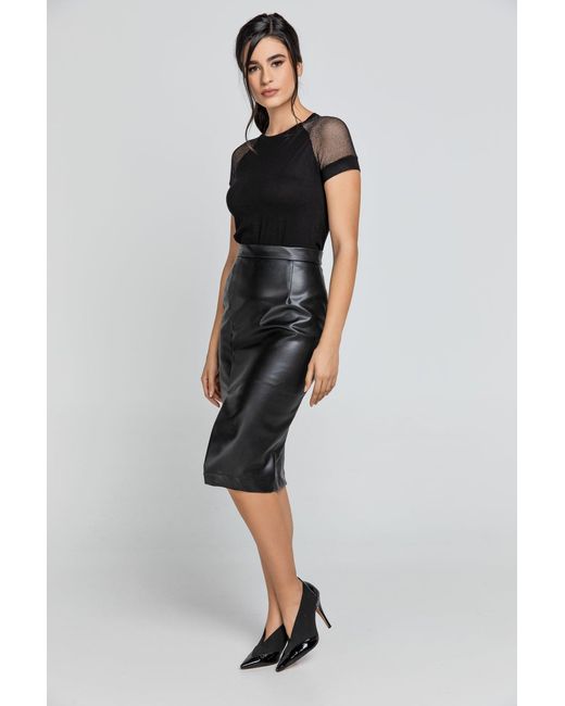 Conquista Black Faux Leather Pencil Skirt By Fashion