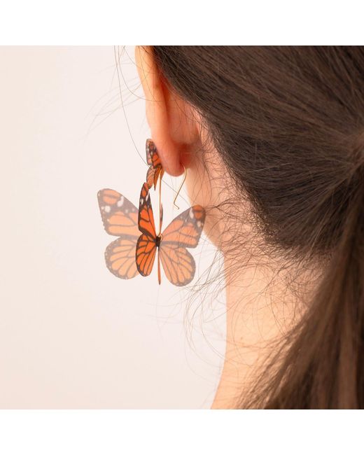Oana Savu Orange Silk Butterfly Earrings Monarch Wings Lightweight Dangles