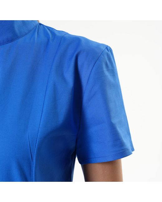 Metamorph Blue Asymmetric Collared Dress With Short Sleeves