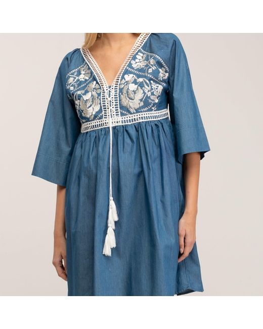 Tantra Spain Sl Blue Tunic Style Mini Dress With Embroidered Details
