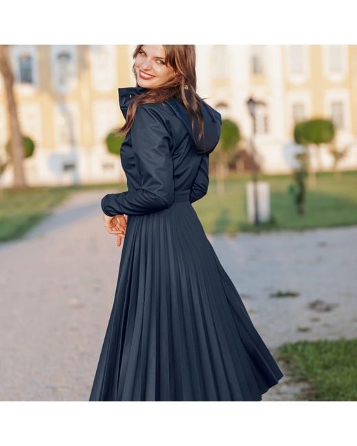 RainSisters Blue Fit & Flare A-Line Coat With Pleated Skirt Serenade
